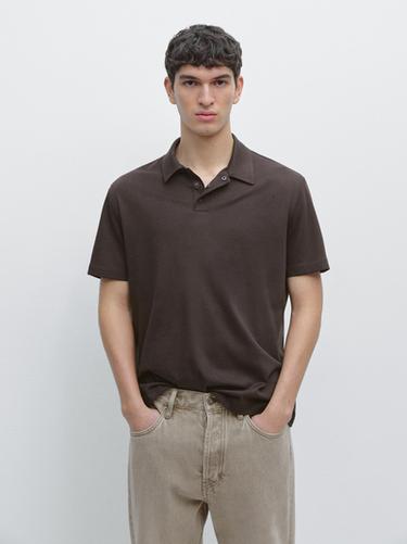 Zara Short sleeve cotton blend knit polo shirt - Chocolate