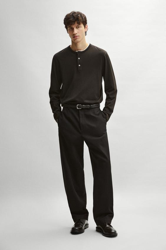 Zara 100% lightweight cotton henley T-shirt - Chocolate - Image 0