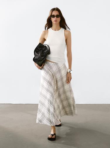 Zara Flowing check midi skirt - White