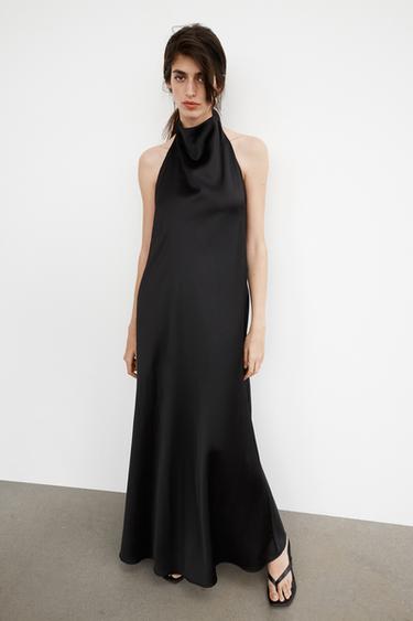 Zara SATIN EFFECT HALTER NECK LONG DRESS - Black