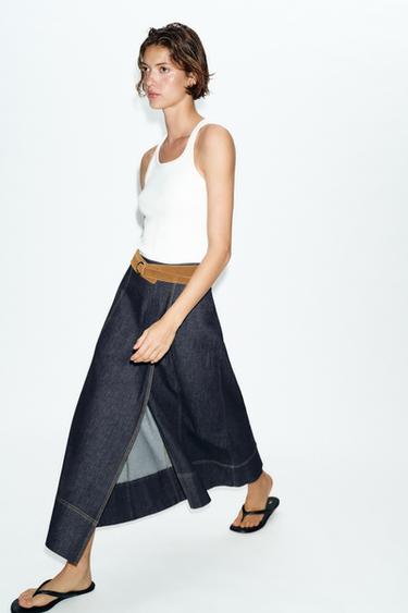 Zara Z1975 BELTED DENIM MIDI SKIRT - Blue
