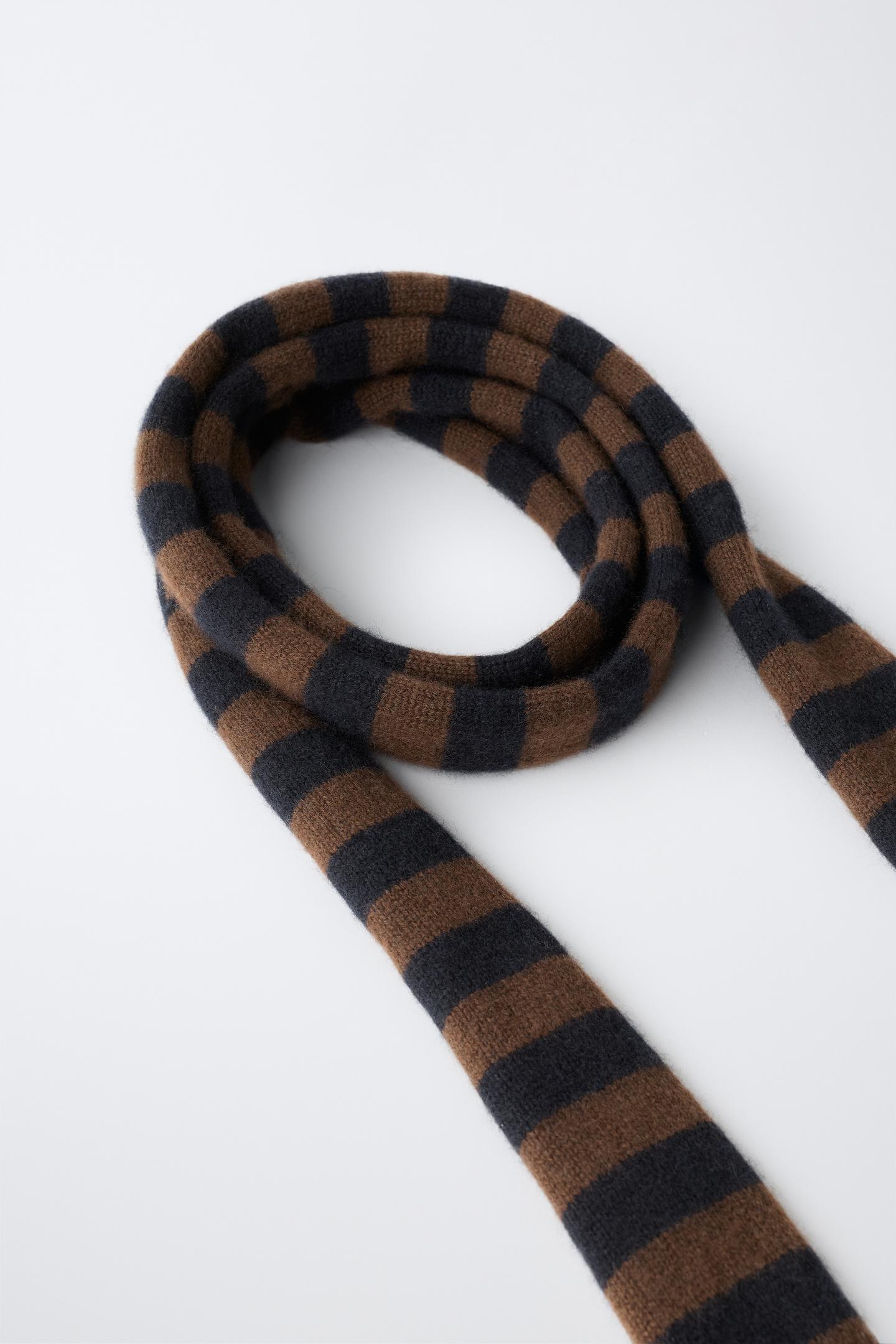 Женский шарф Zara 0FR. Paris X ZARA 100% Cashmere Striped, цвет: Чёрный / Коричневый — фото 4