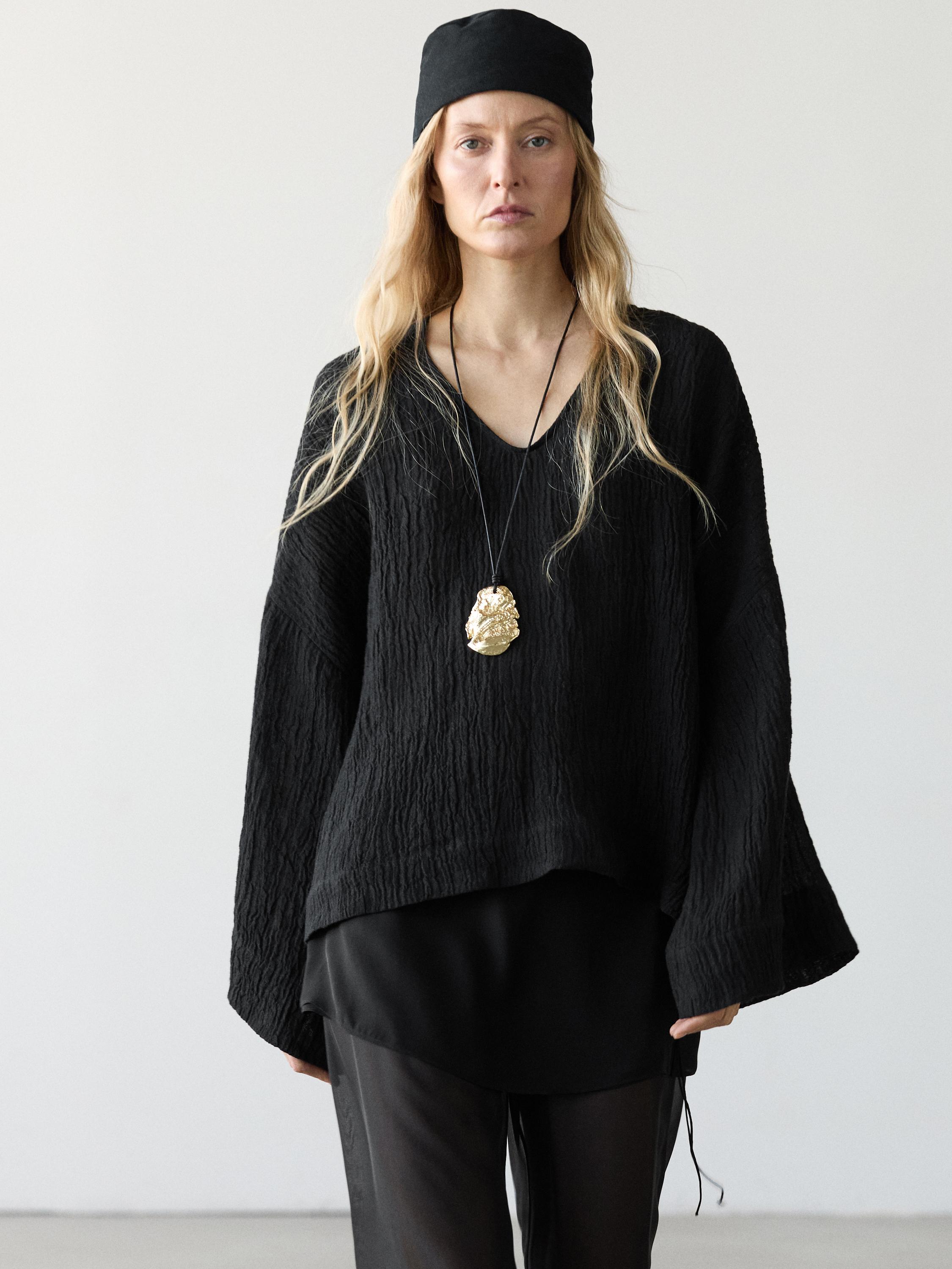 100% linen waffle-knit flowing blouse