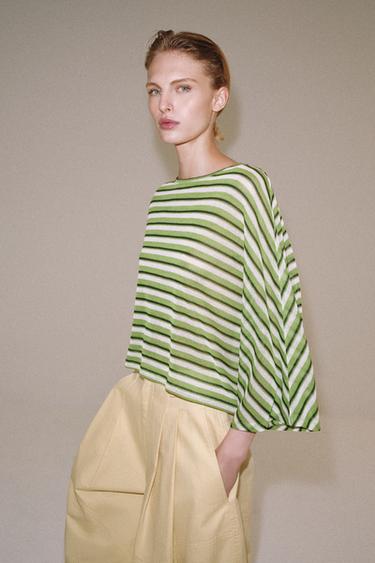 Zara STRIPED RUSTIC CAPE T-SHIRT - Green stripe