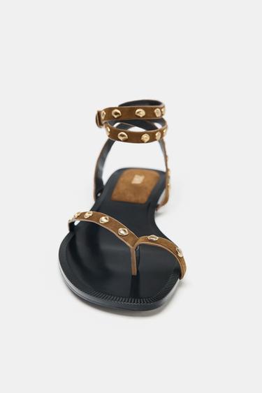 LEATHER STUDDED STRAPPY SANDALS - Brown by Zara - Image 4