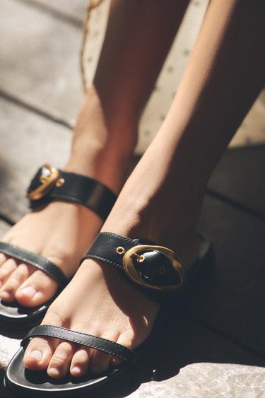 Zara BUCKLED DOUBLE STRAP SANDALS - Black