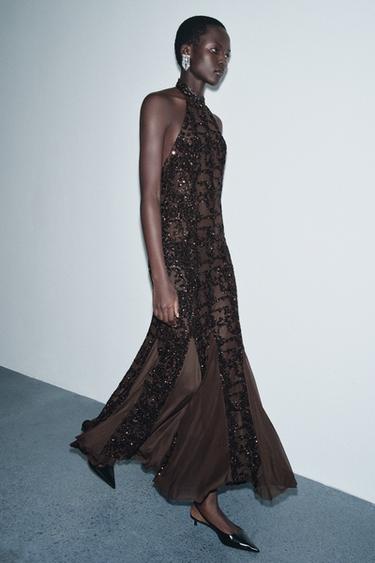 Zara SEQUIN HALTER DRESS - Brown