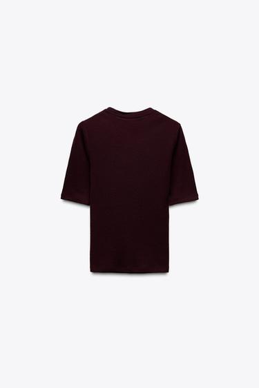 SOFTES T-SHIRT AUS 100 % WOLLE - Dunkles Bordeauxrot von Zara