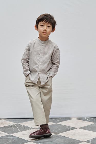 Zara AGES 6-10 / STRIPED MANDARIN COLLAR SHIRT LIMITED EDITION - Brown / White