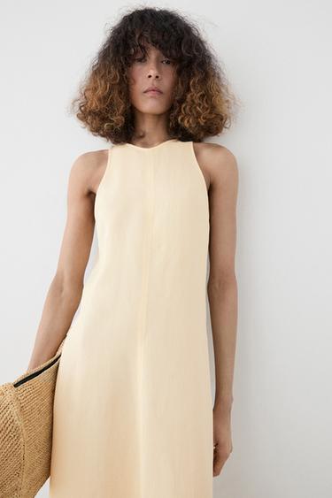 Zara Flowing linen halter midi dress - Biscuit