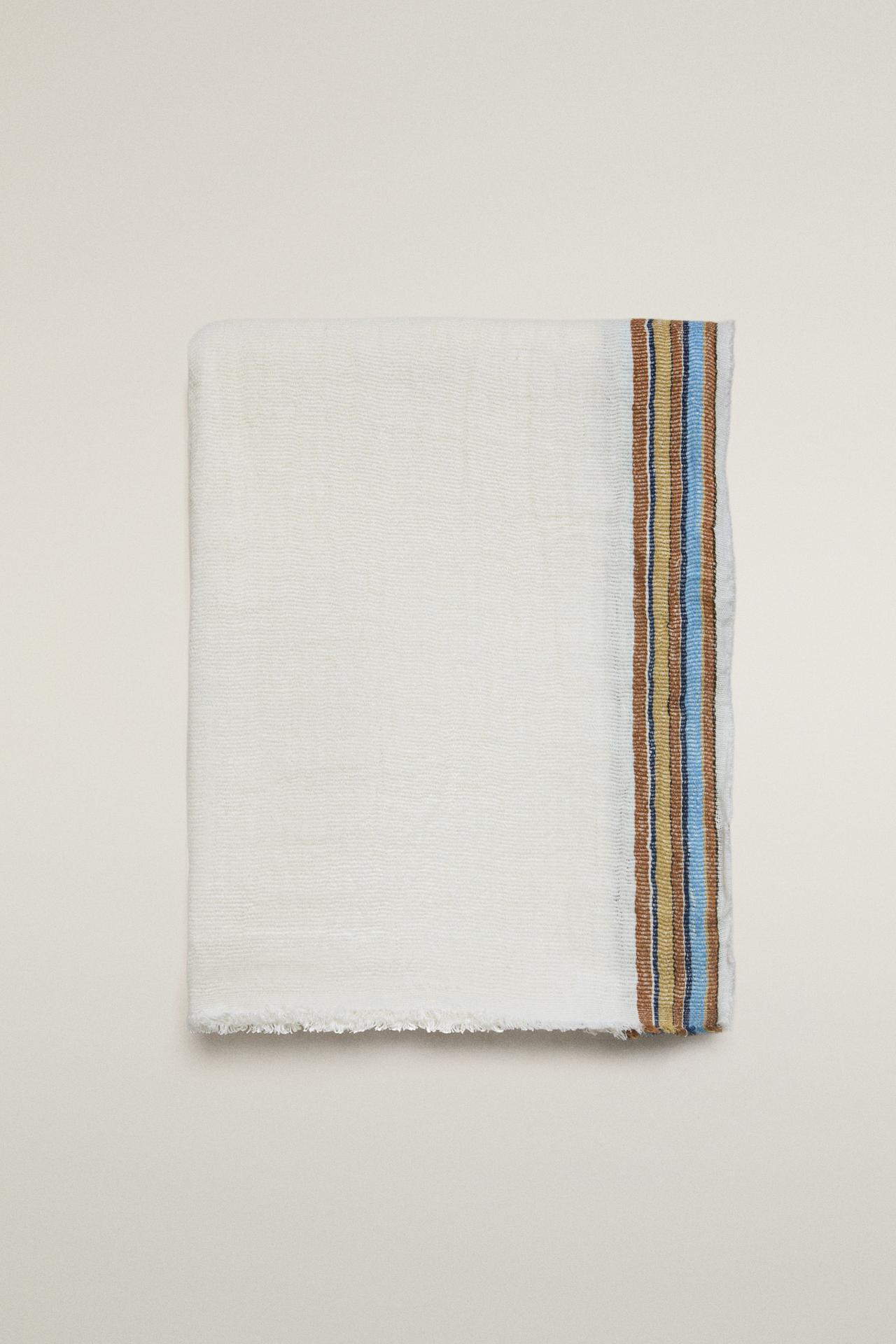 STRIPED LINEN BLANKET — Oyster-white