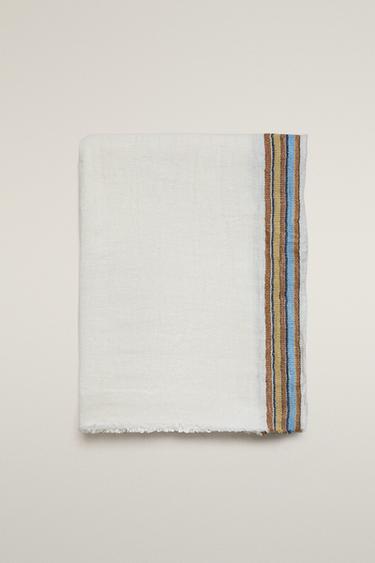 STRIPED LINEN BLANKET — Oyster-white 1