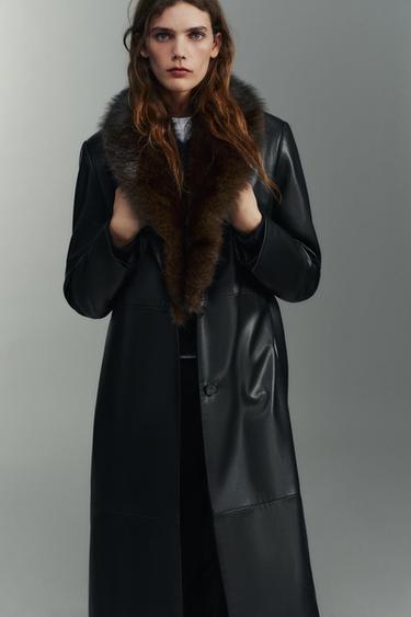 Zara FAUX LEATHER COAT WITH DETACHABLE COLLAR - Black
