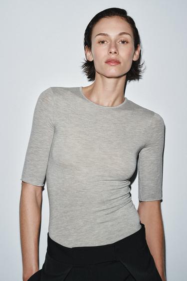 THREE-QUARTER SLEEVE T-SHIRT - Beige marl by Zara