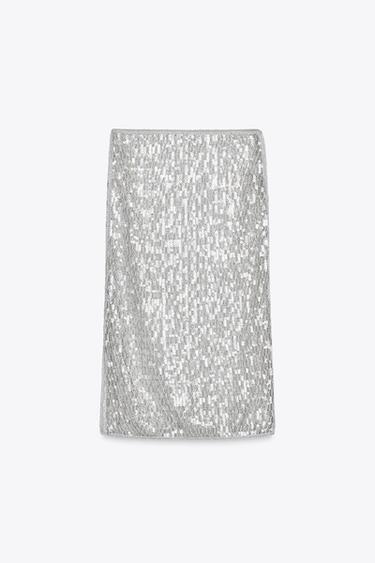 Zara ZW COLLECTION SEQUIN MIDI SKIRT - Mid-gray
