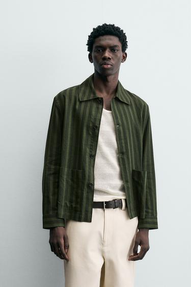SOBRECAMISA LINO - VISCOSA RAYAS - Khaki oscuro de Zara