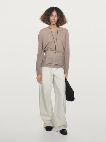Zara V-neck knit sweater with elbow patches - Mink - Image 0