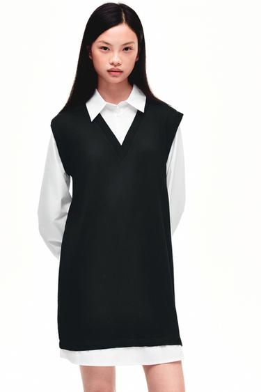 Zara 府綢拼接迷你連身裙 - 黑色 / 白色