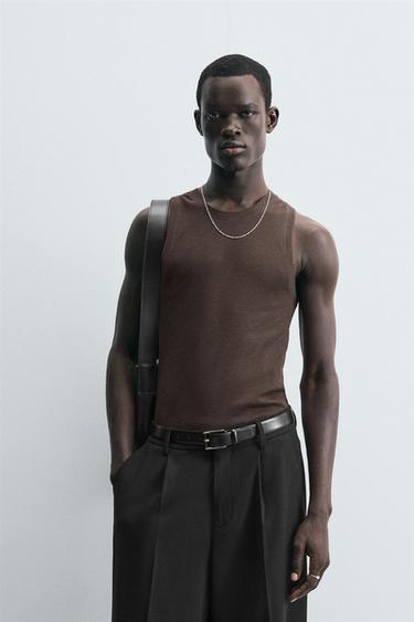 Zara RIBBED TANK TOP - Brown