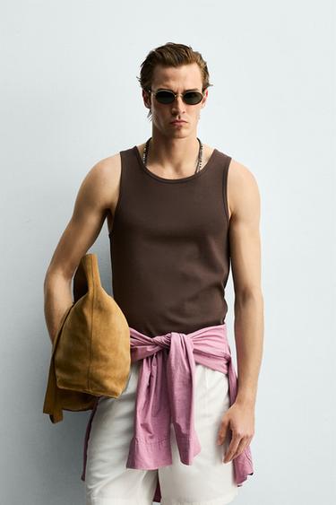 Zaras RIBBAD TANK TOP - Brun/blå