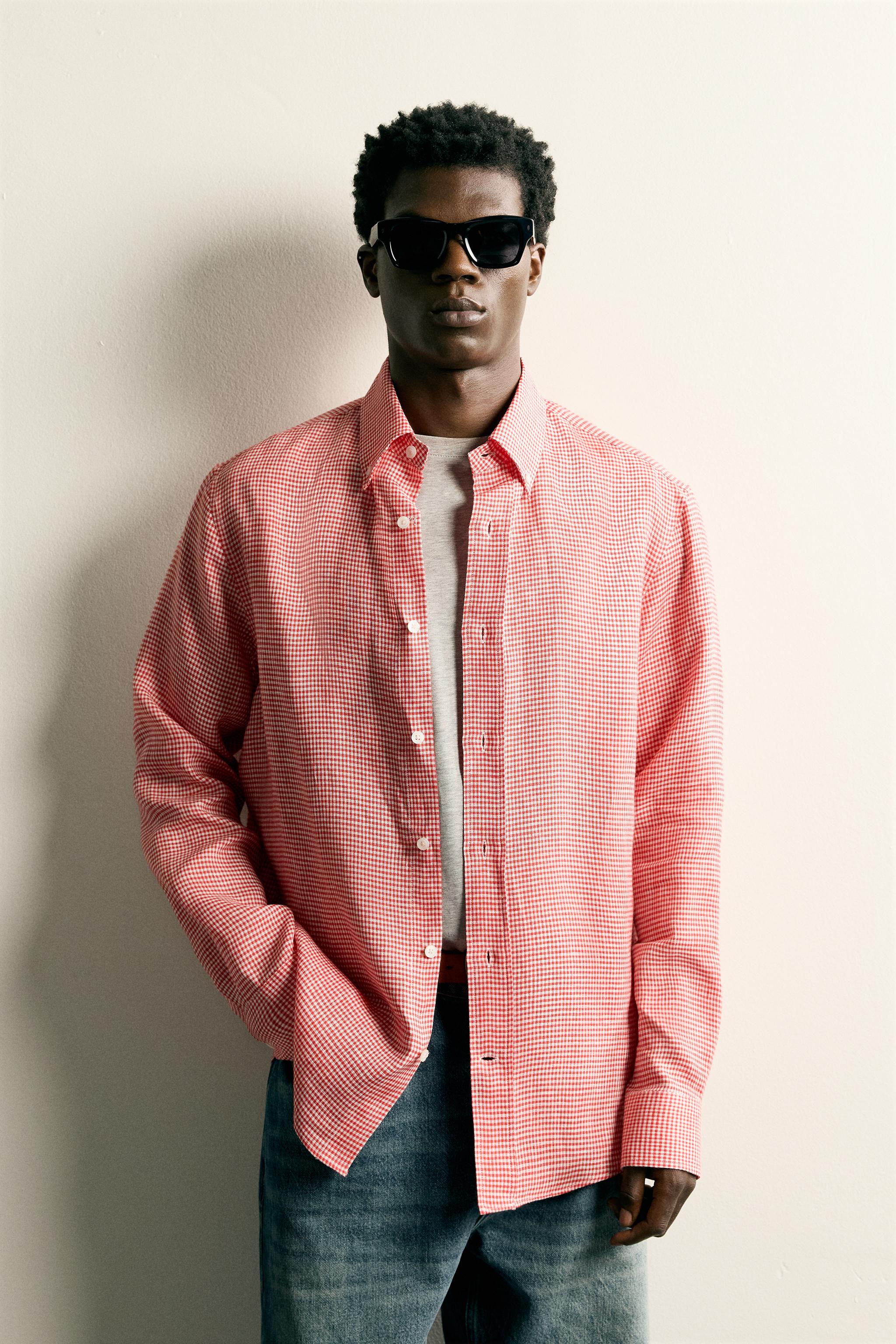 100% LINEN REGULAR FIT PLAID SHIRT