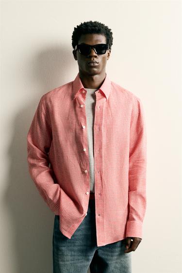 100% LINEN CHECK REGULAR FIT SHIRT - Red by Zara