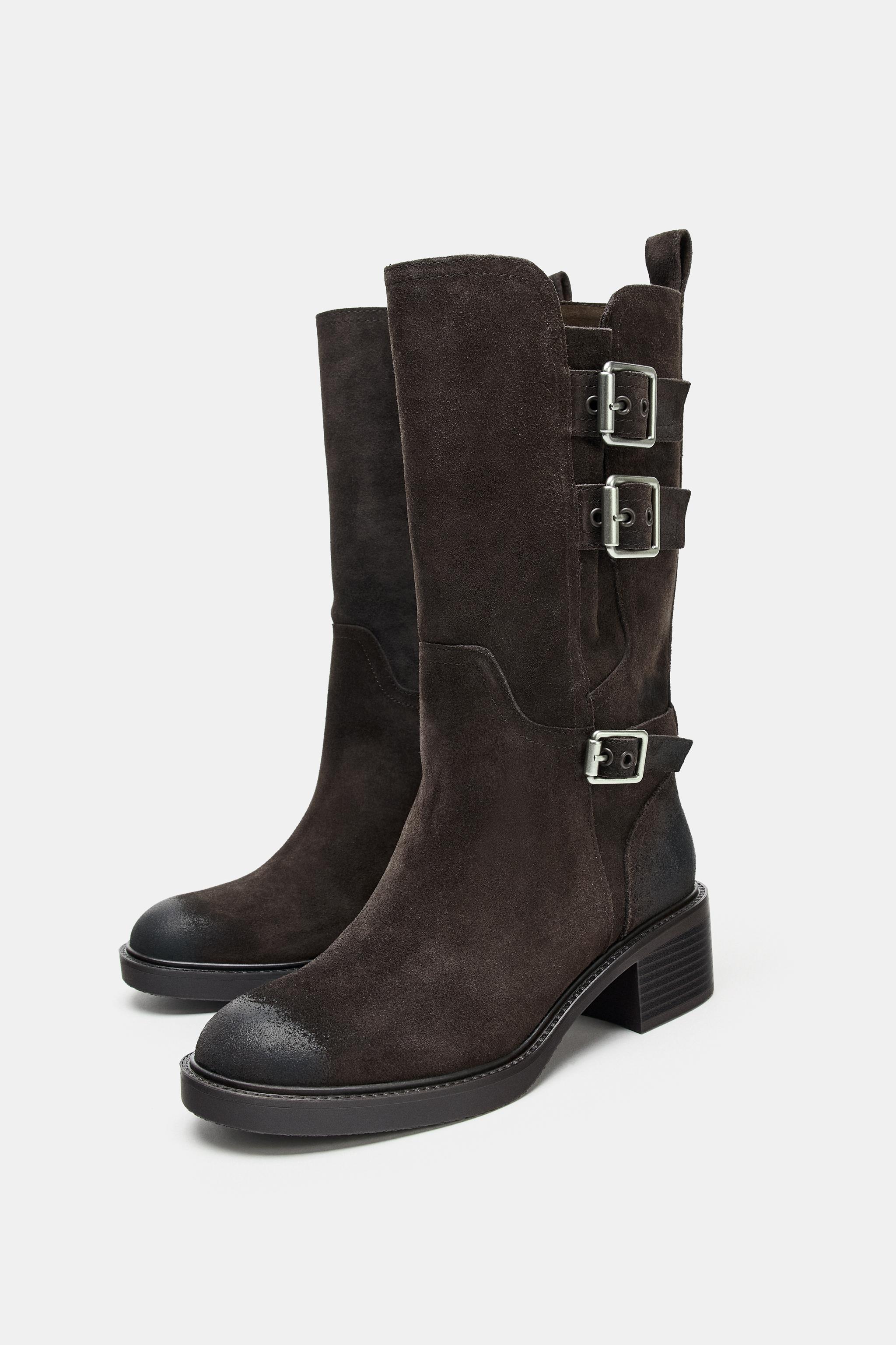スプリットスエードバックルショートブーツ - ブラウン | ZARA