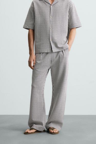 RELAXED FIT SEERSUCKER TROUSERS - Ecru / Navy by Zara