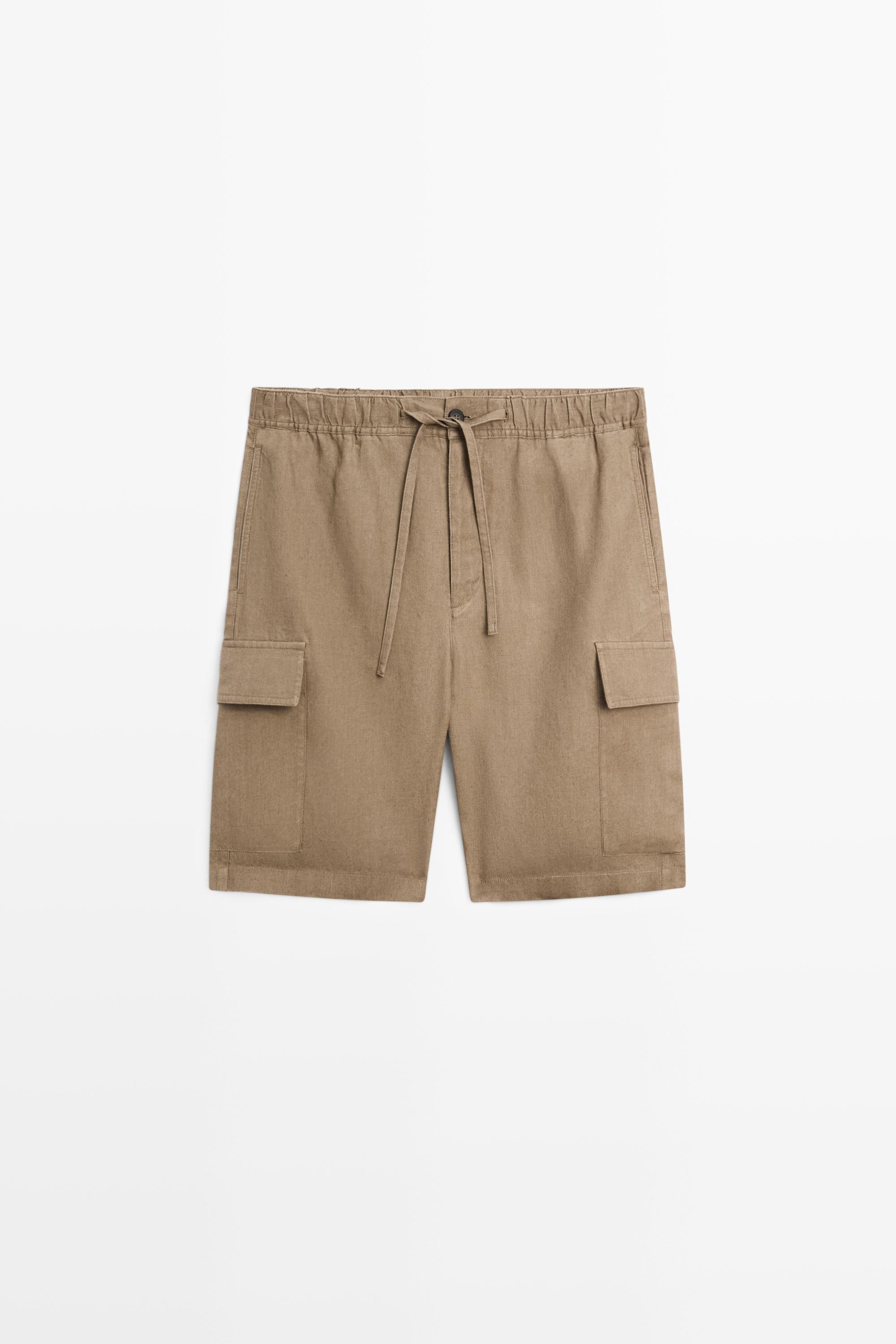 100% linen cargo Bermuda shorts — Khaki