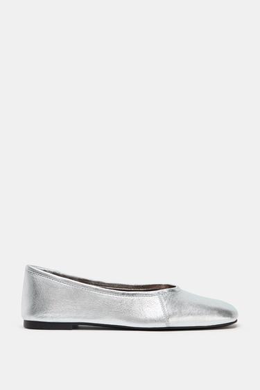 METALLIC LEATHER BALLET FLATS - Silver by Zara