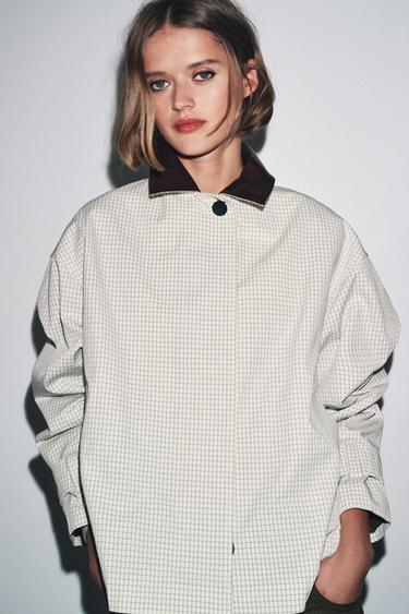 LEATHER EFFECT COLLAR SHORT TRENCH COAT ZW COLLECTION - Black / White by Zara