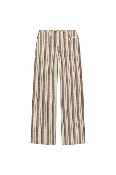 Front view of straight beige and brown striped trousers, high-waisted, side pockets, faux back pockets, zip fastening.