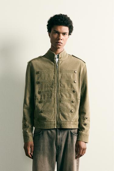 Zara CROPPED FIT BUTTON-DETAIL DENIM JACKET - Khaki