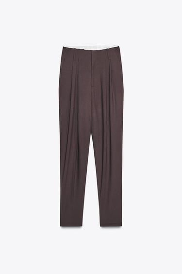 Zara PLEATED PANTS WITH BUTTON HEM - Dark burgundy