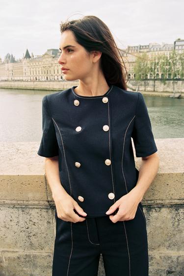 BLAZER MET KORTE MOUWEN EN SIERSTIKSELS MET LINNEN - Marineblauw van Zara