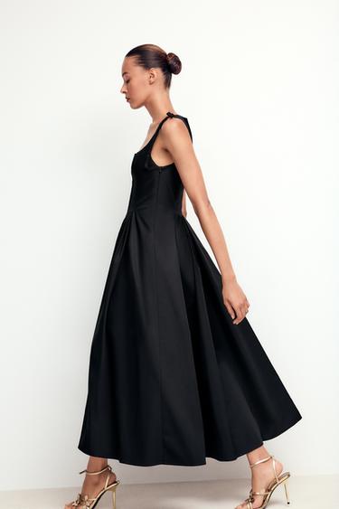فستان ميدي بأشرطة معقودة - أسود الخاص بـ Zara
