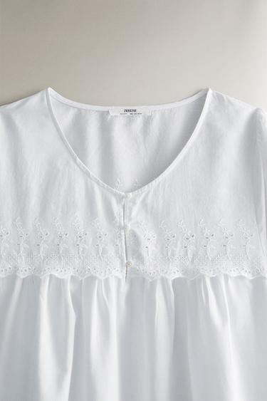 CHEMISE DE NUIT COTON DÉTAILS BRODÉS - Blanc de Zara - Image 1