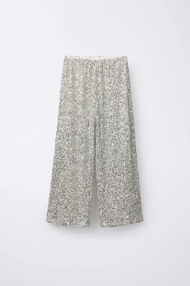 Zara SEQUIN WIDE LEG PANTS - Soft gold