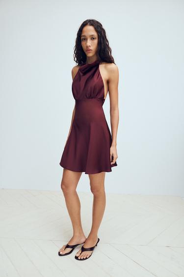 Zara SHORT SATIN EFFECT DRESS - Dark maroon