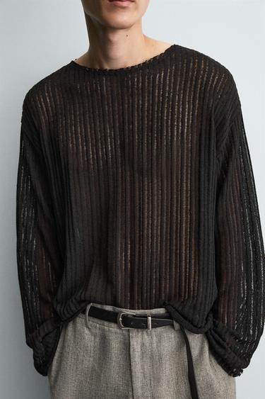 Zara PULLOVER OPENWORK KNIT SWEATER - Black