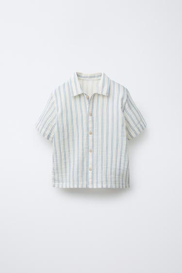 Zara STRIPED TEXTURED SHIRT - Ecru / Blue