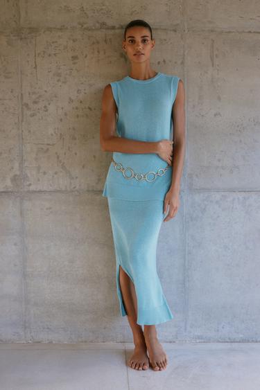 LONG KNIT TOP WITH BELT - Light blue by Zara