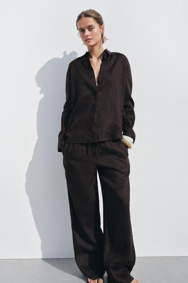 Zara 100% LINEN PALAZZO PANTS ZW COLLECTION - Brown