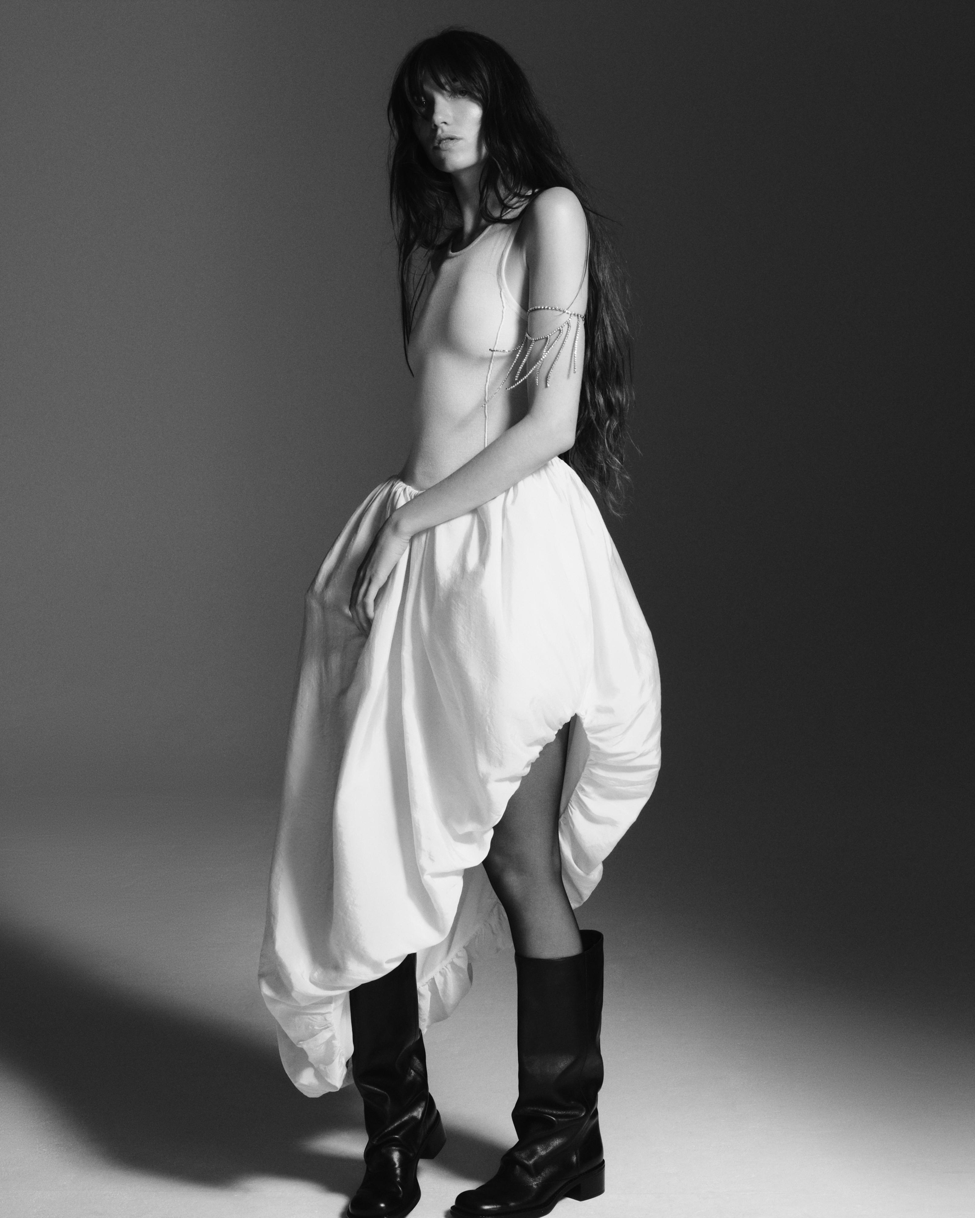 ASYMMETRIC COMBINED KNIT DRESS — Ecru