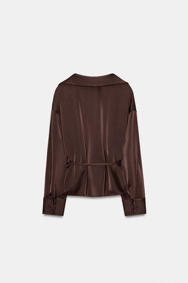 SATIN BLOUSE WITH BELT - Chocolate brown by Zara - Image 5