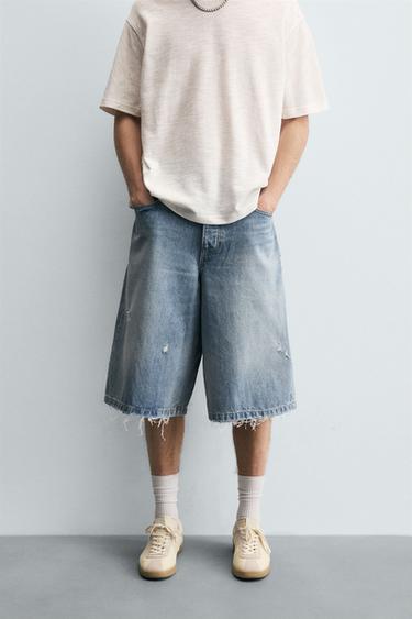 RIPPED BAGGY FIT DENIM BERMUDA SHORTS - Blue by Zara