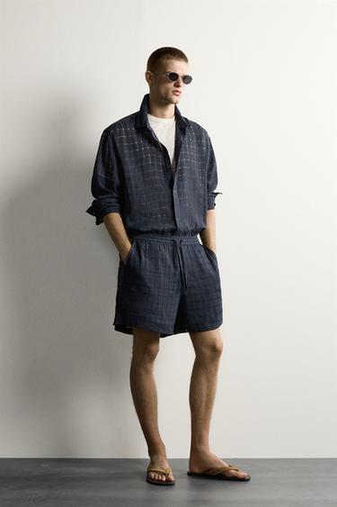 RELAXED FIT LINEN/COTTON JACQUARD CHECK SHIRT - Navy blue by Zara - Image 0