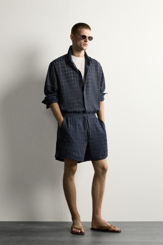 CHEMISE RELAXED FIT JACQUARD CARREAUX LIN/COTON - Bleu marine de Zara - Image 0