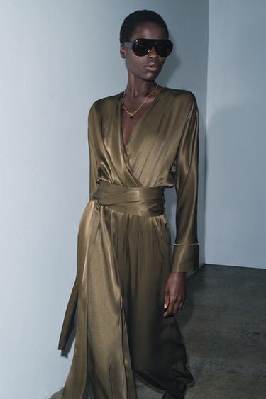 Zara ZW COLLECTION SATIN EFFECT BLOOMER JUMPSUIT - Dark khaki