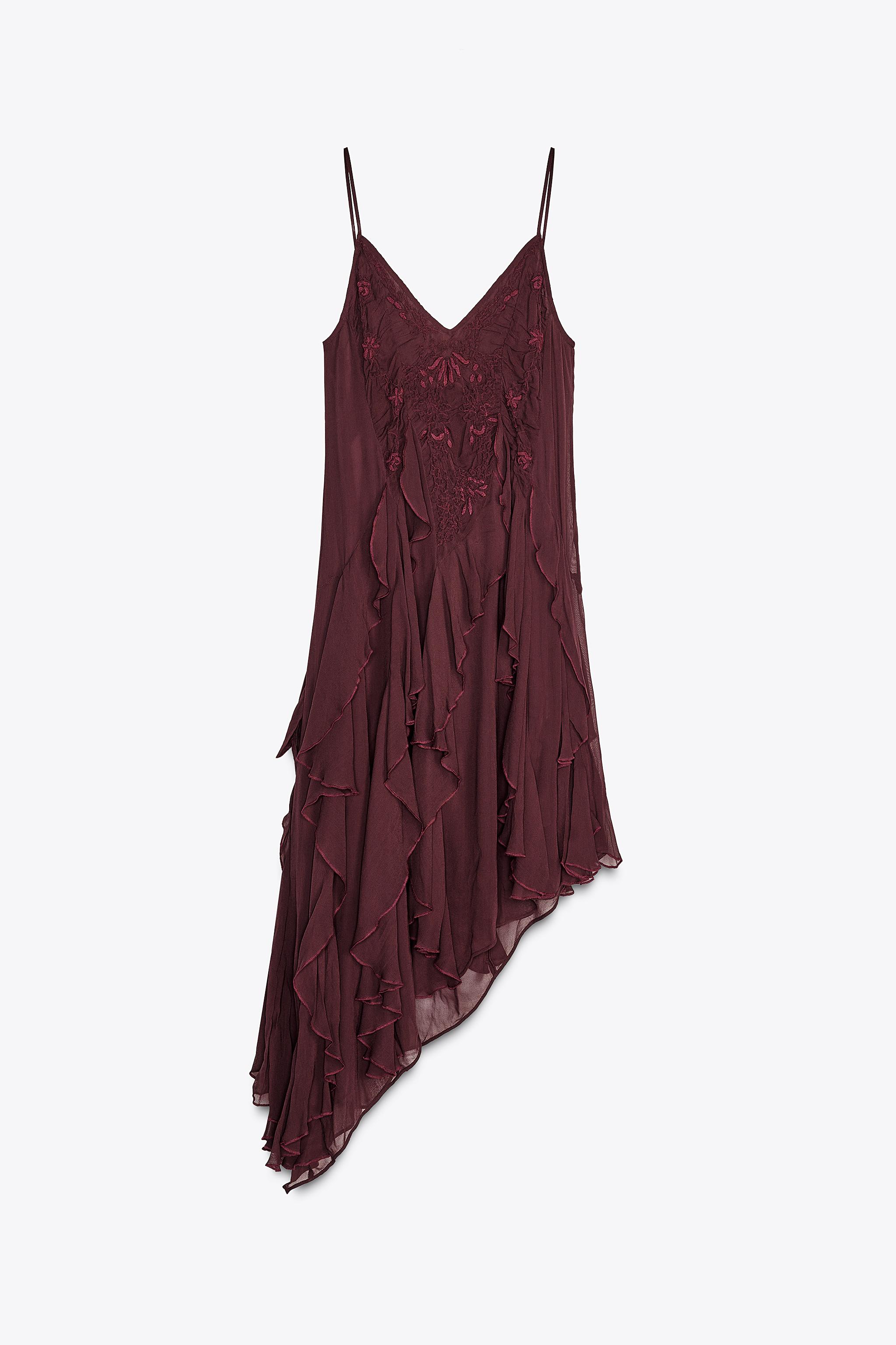 ZW COLLECTION EMBROIDERED ASYMMETRIC DRESS - Burgundy | ZARA